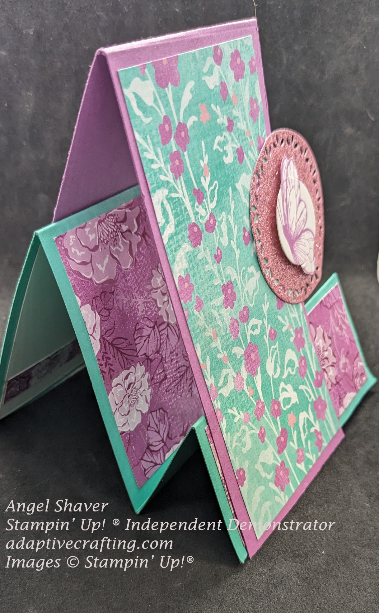 In color faux step card angle