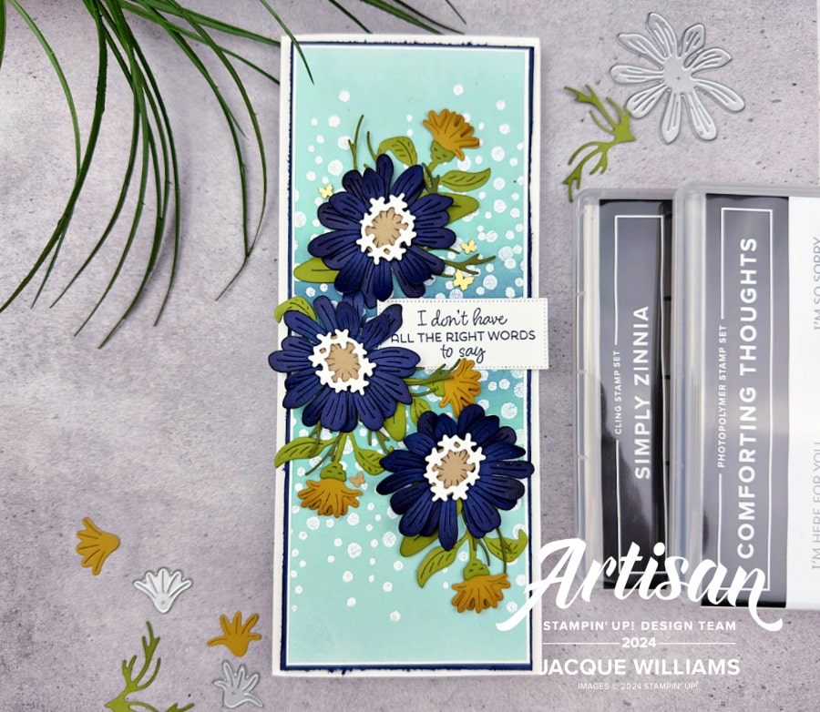 Stampin up simply zinnias zinnia drizzling droplets artisan wild wheat slimline blog min
