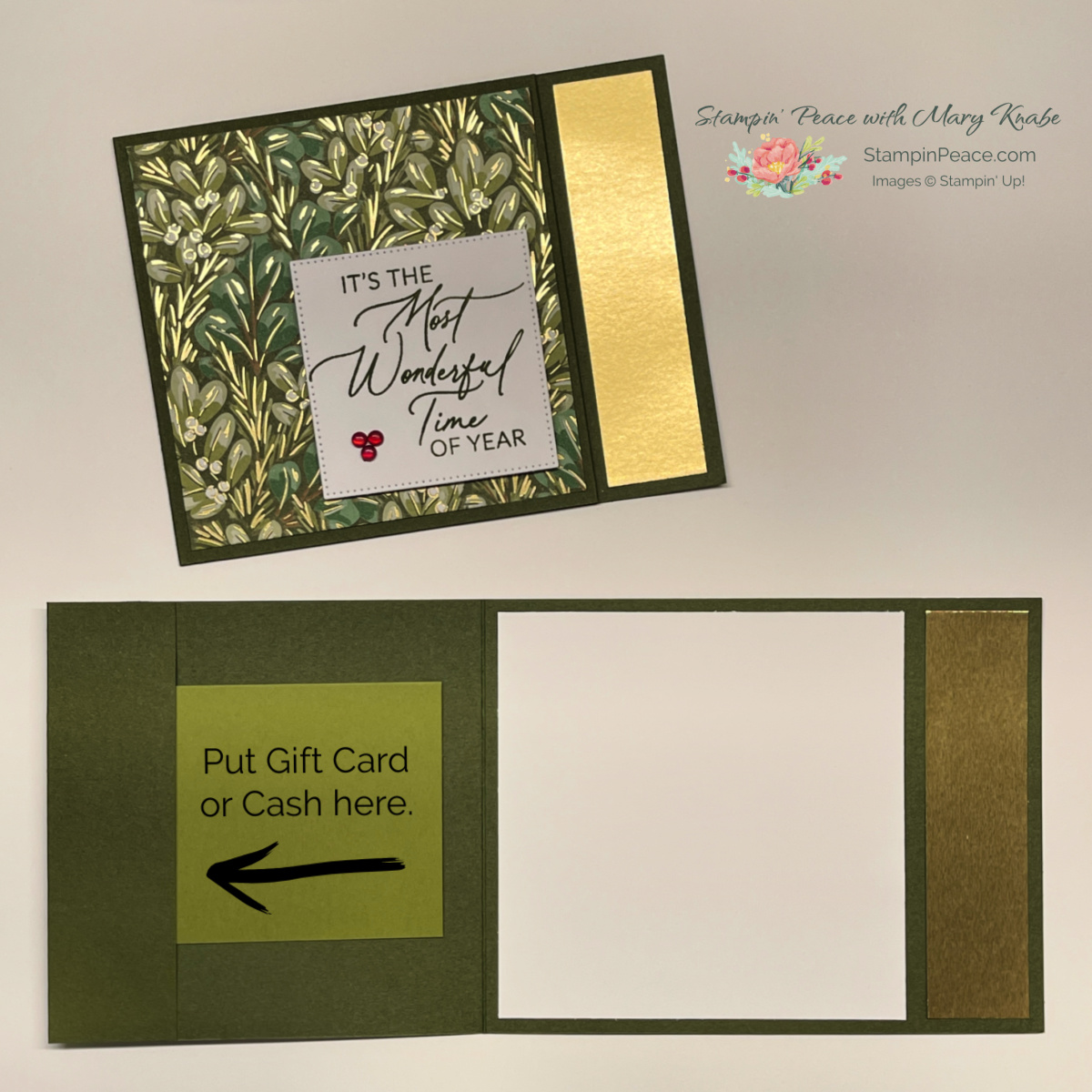 Stampin  up  greetings of the season stamp set   seasons of green   gold dsp   mary knabe   1 