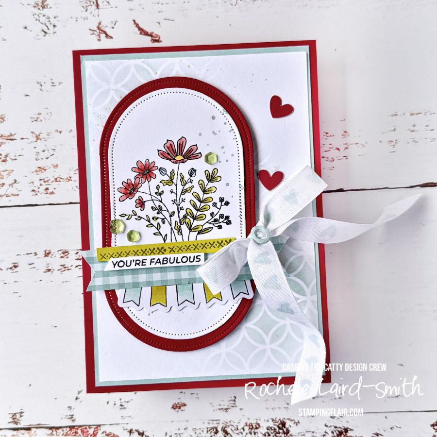 Caseing the catty ctc526  weekend adventures card with flowers in oval  stencilled background  craft roulette 273