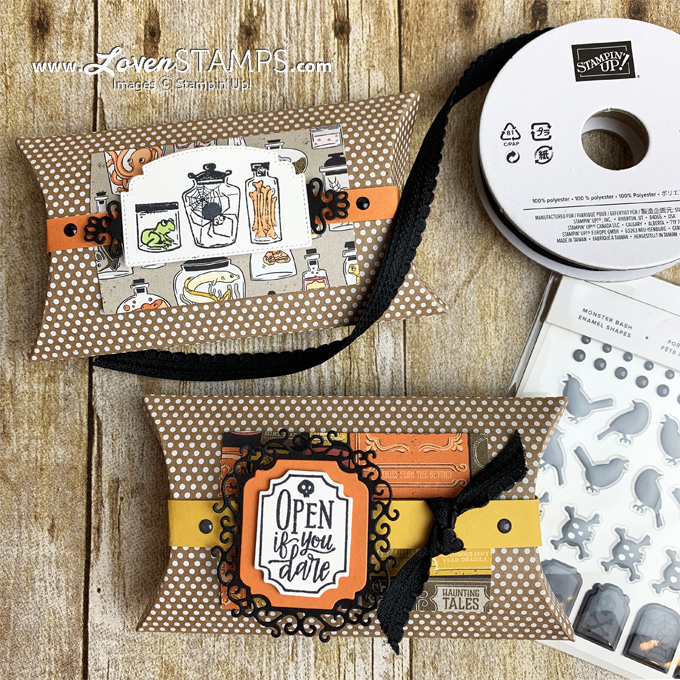 Ideas monster bash ornate frame pillow box halloween treat packaging lovenstamps stampin up enamel dots