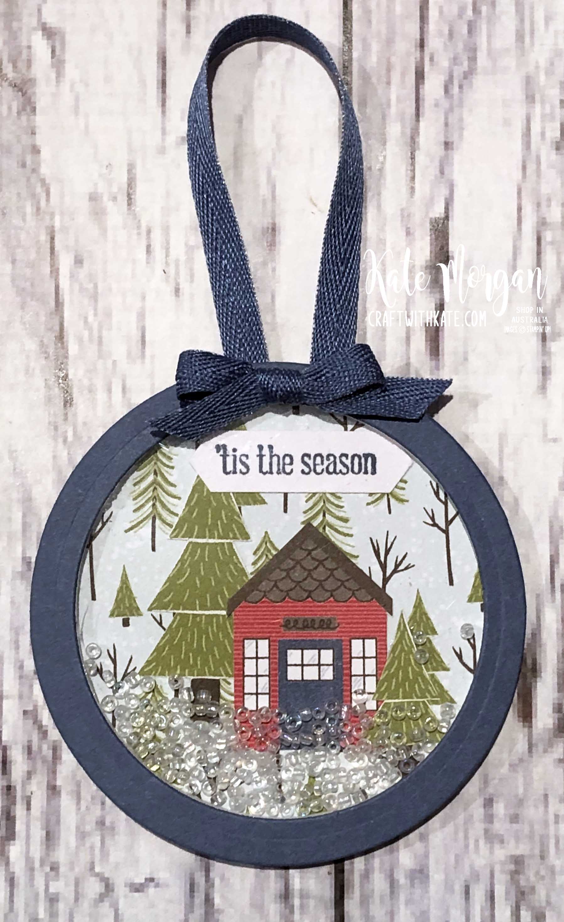 Christmas ornament card using stampin ups trimming the town dsp by kate morgan australia 2020.