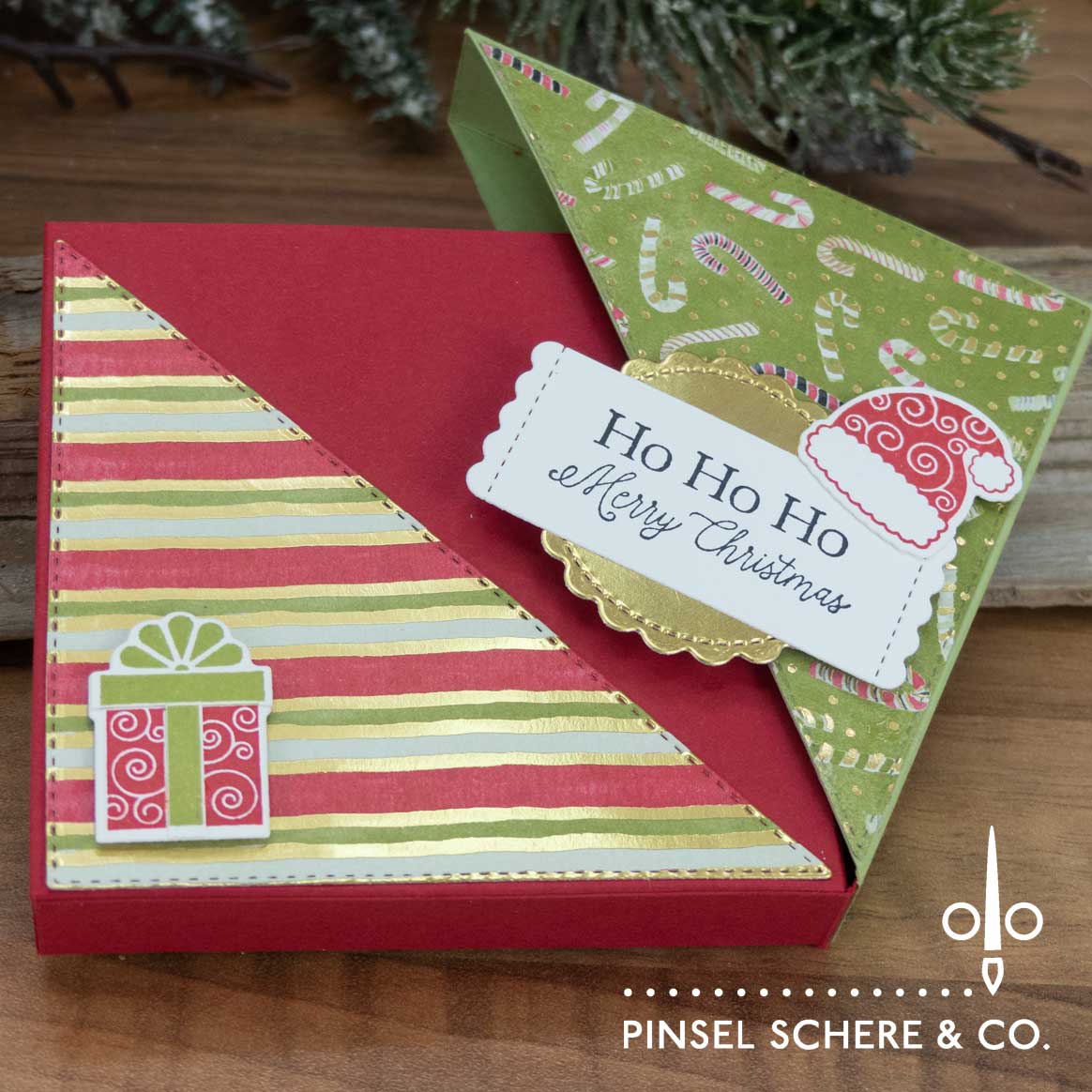 Stampin up klappbox mit diagonalem deckel zur weihnachtszeit little treats bestickte dreiecke verpackung alexandra grape 7