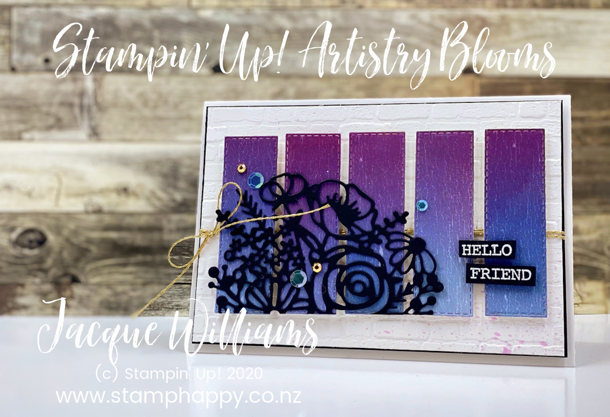 Stampin up artistry blooms five panel ombre hand drawn blooms how to emboss graffiti grunge effect cardmaking brick background gold twine forever greenery