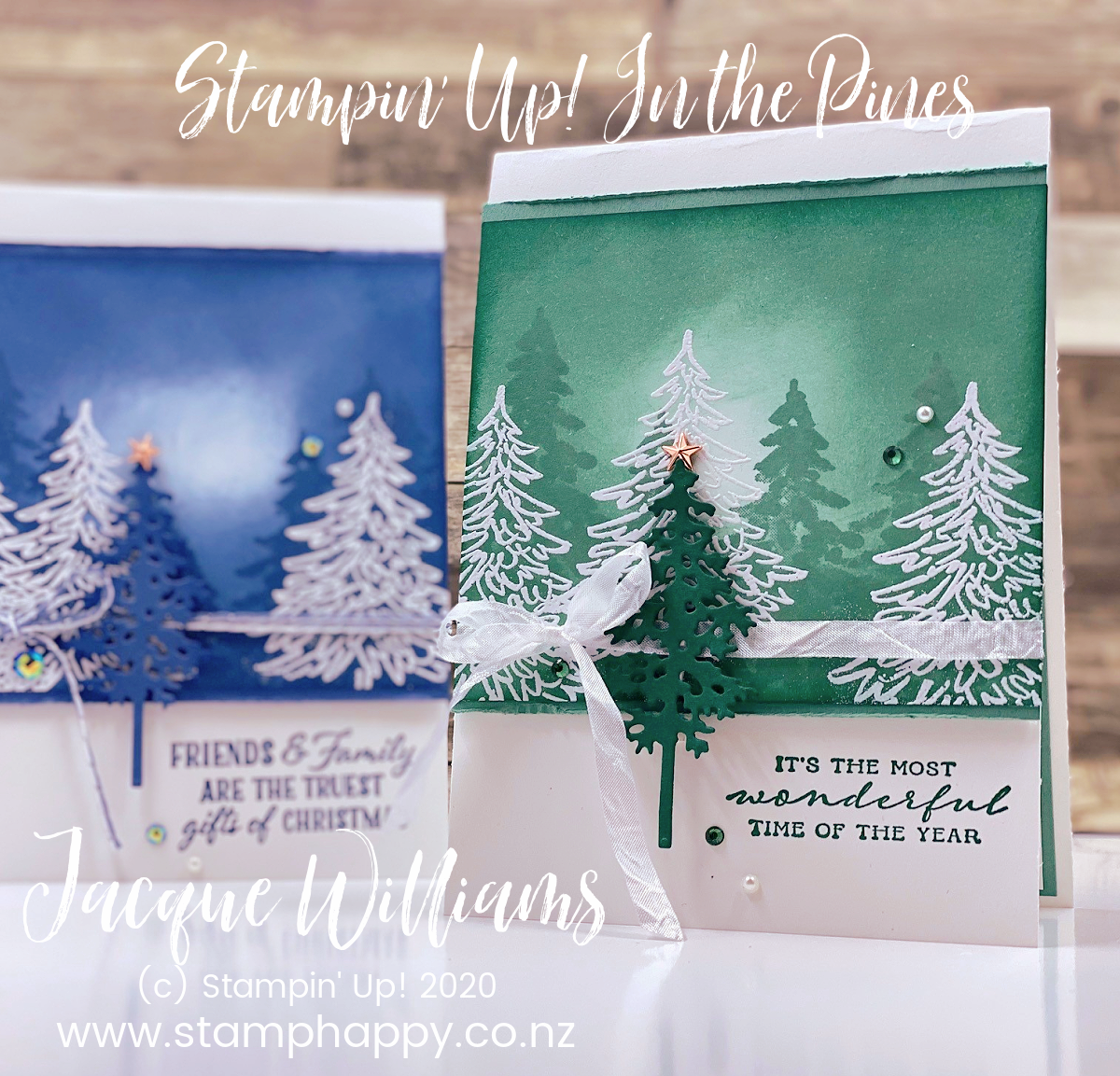 Stampin up in the pines misty moonlight sponging technique embossing just jade quick easy christmas card brayering ink brush winter christmas
