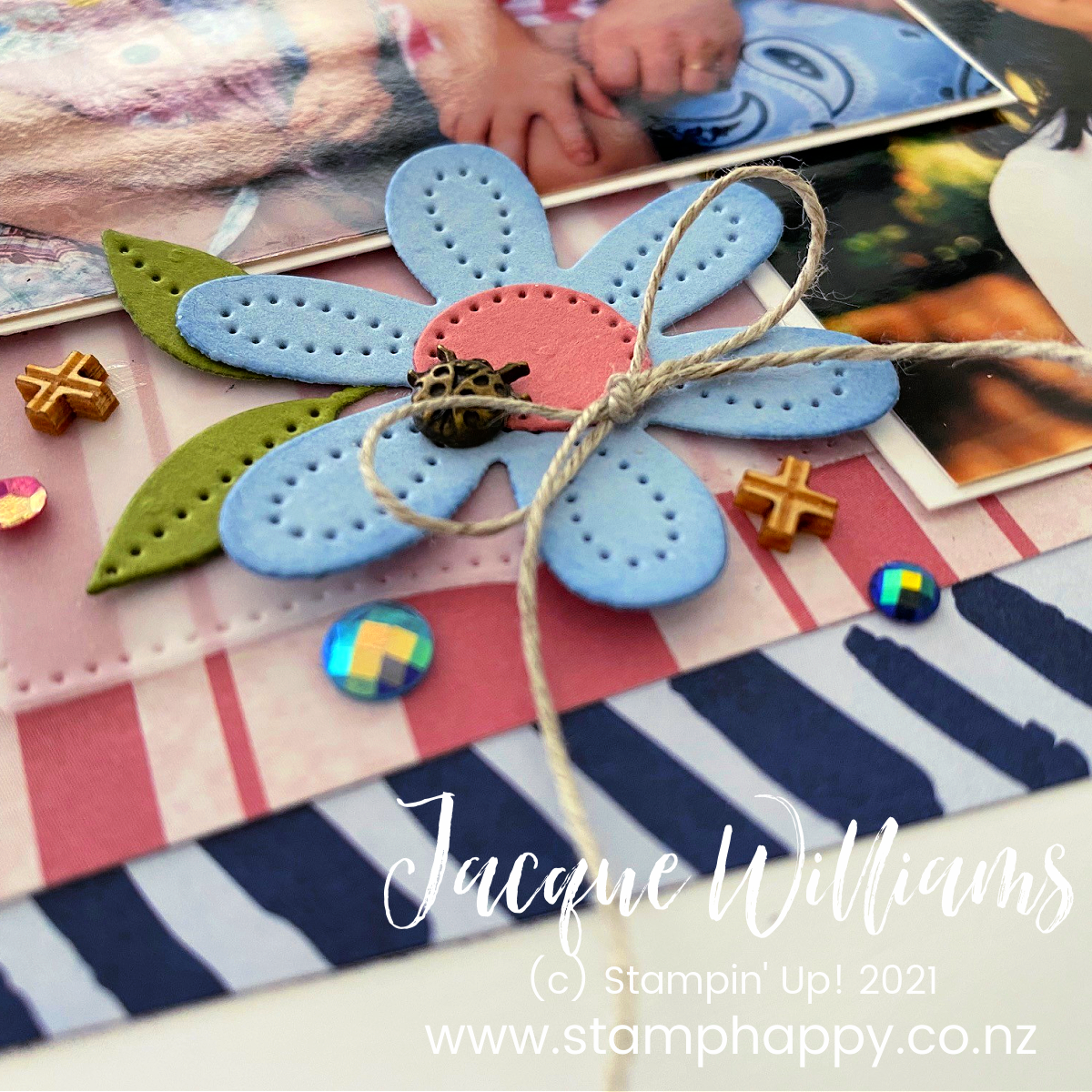 Stampin  up  paper blooms scrapbooking layout page scrapbook and cards today challenge better than basics pierced blooms in bloom seaside spray stitching