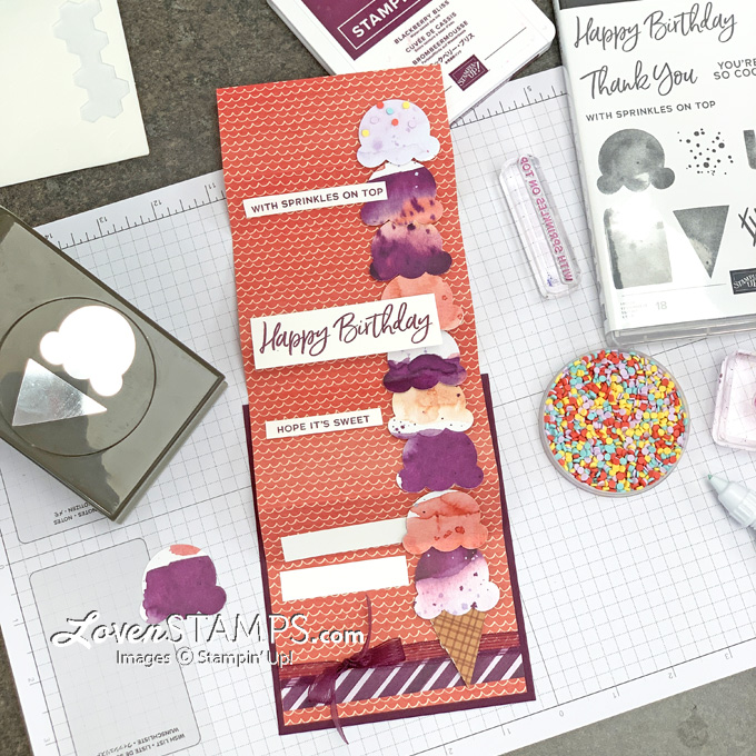 Ep 121 sweet ice cream builder punch folding surprise cone card lovenstamps stampin up tutorial open 9 scoops sq