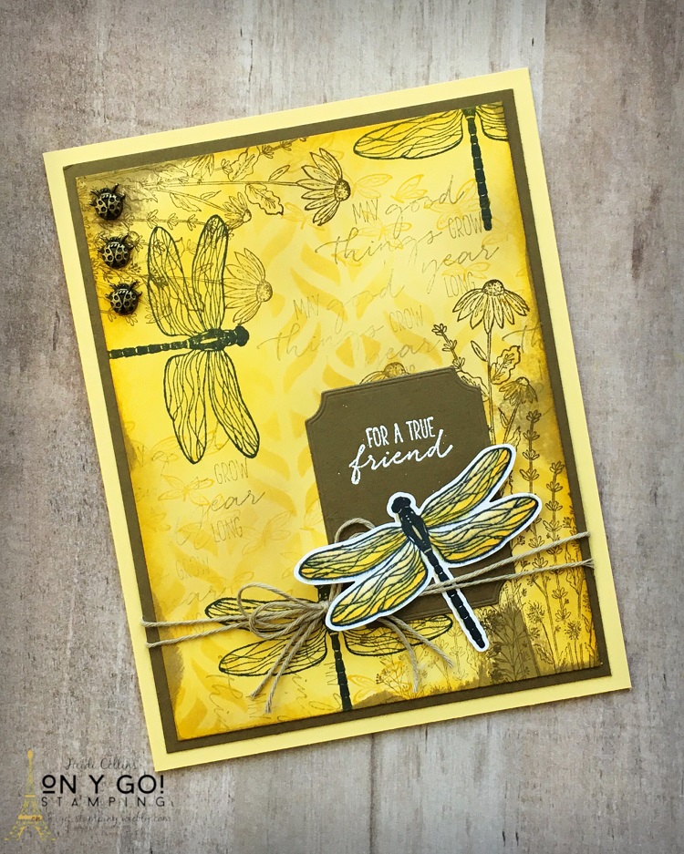 Collage stamping dragonfly garden