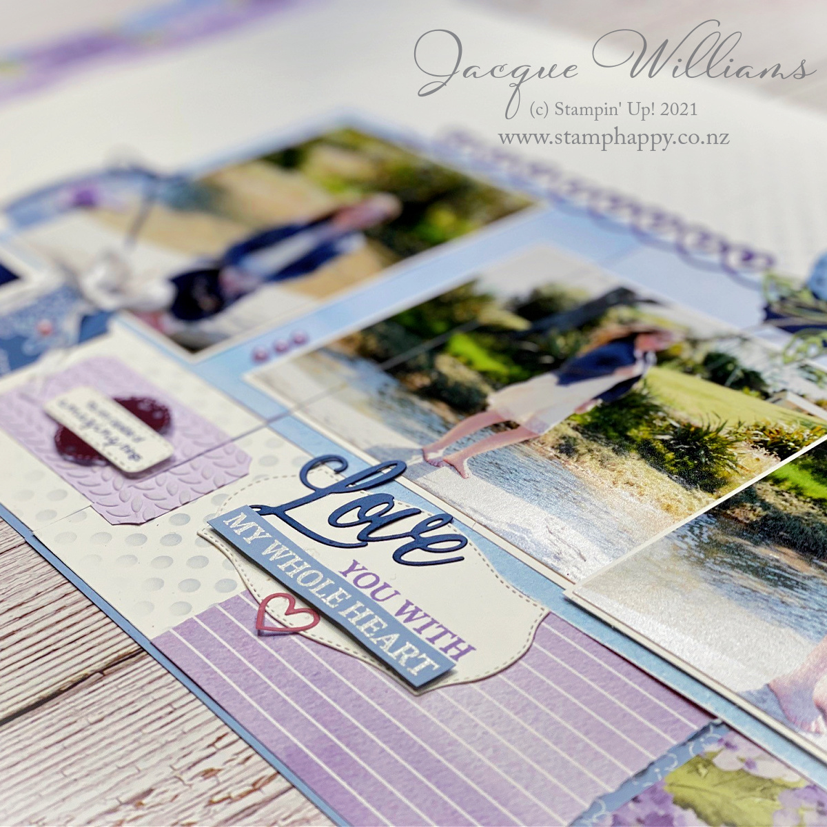 Stampin up hydrangea haven scrapbook layout double page spread three photo scrapbook cards today printed paper purple blue facebook