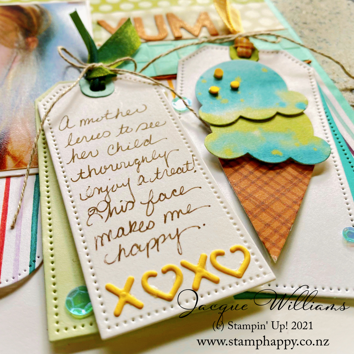 Stampin up ice cream corner punch masculine tailor made tag scrapbook layout two photo facebook