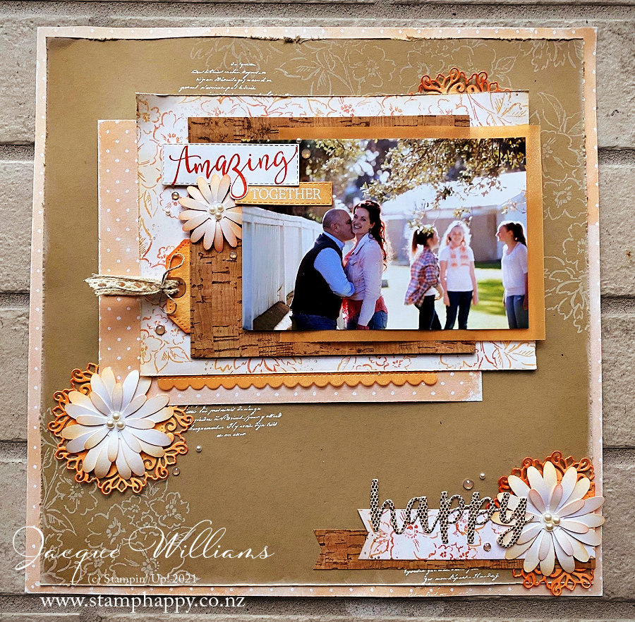 Stampin up hand penned double page layout daisy punch encircled in beauty pale papaya vintage cork paper