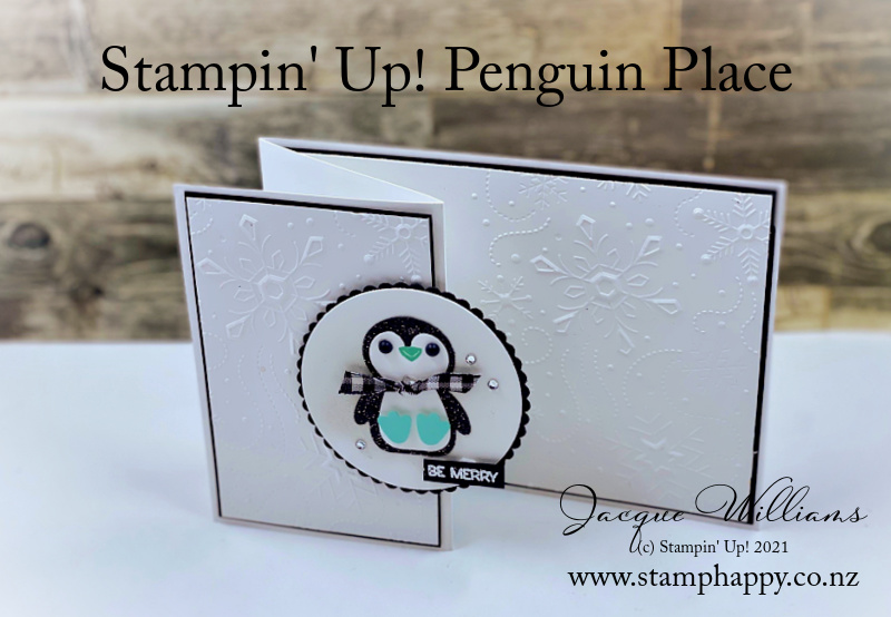 Stampin up penguin place playmates z fold card video tutorial card class new zealand stamp happy jacque williams black glitter paper easy christmas card coastal cabana