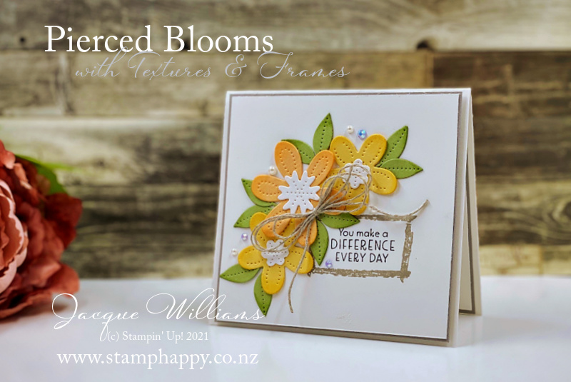 Stampin up pierced blooms stitched textures and frames cas quick easy gift card stamp classes new zealand stamphappy jacque williams