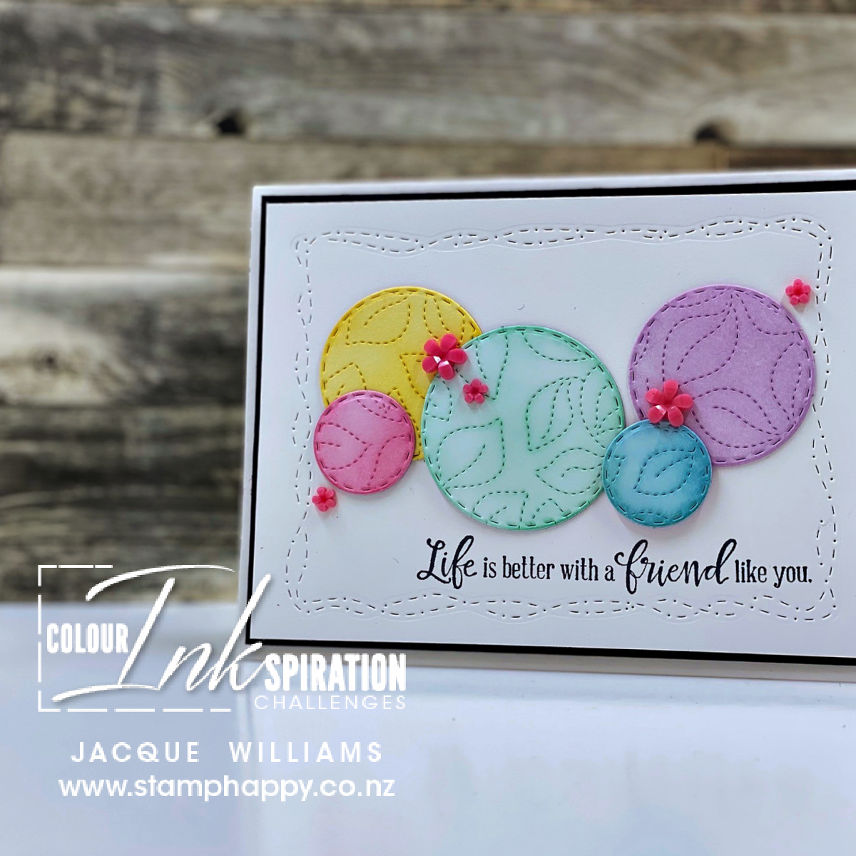 Stampin up stitched with whimsy stitched greenery color challenge loose flowers card class new zealand online kits polished pink facebook