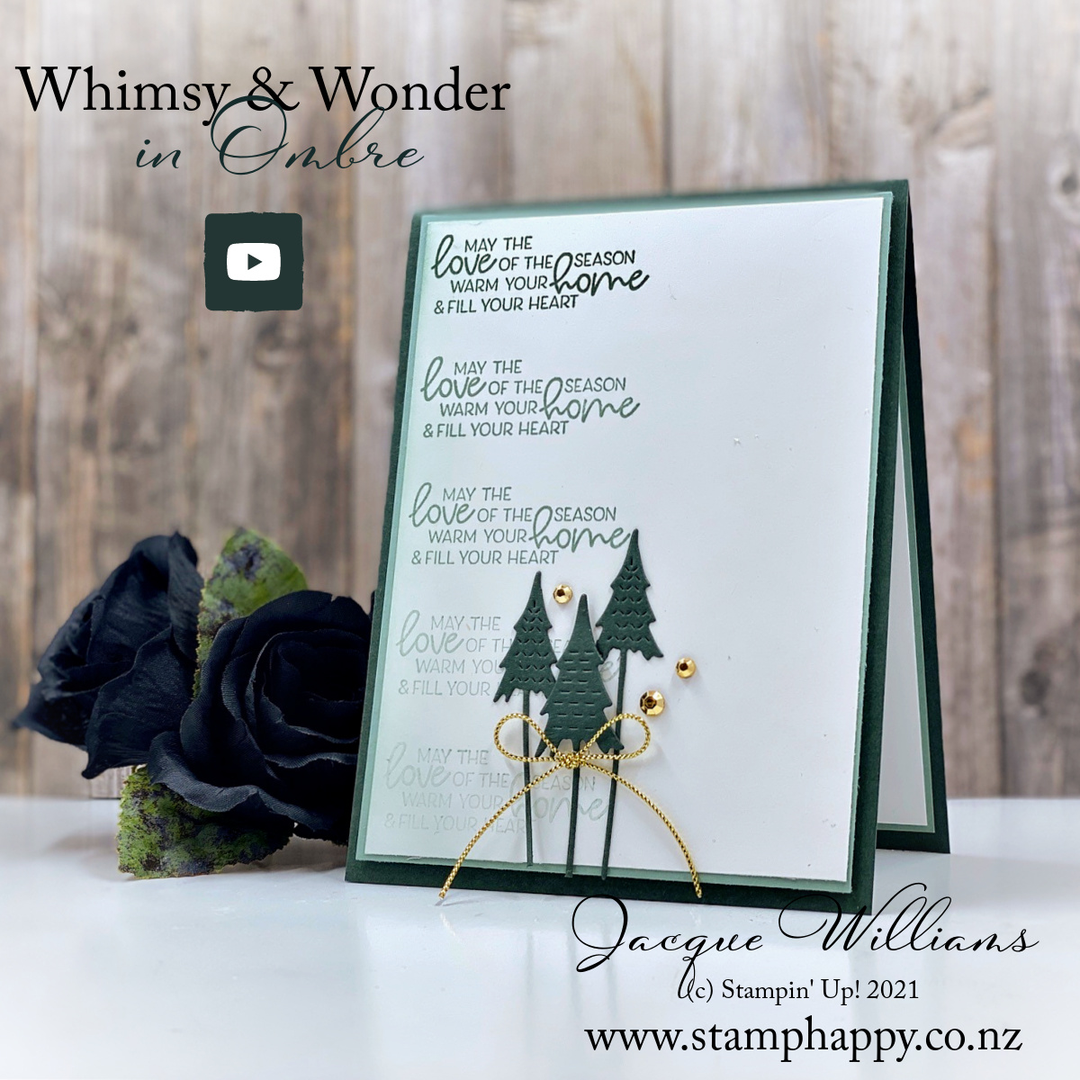 Stampin up whimsy and wonder whimsical trees christmas card evening evergreen soft succulent monochromatic clean and simple ombre facebook