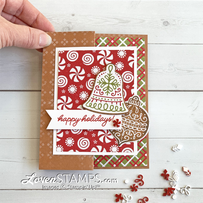 Frosted gingerbread and peppermind adorning designs mask white craft ink z fold card tutorial stampin up christmas