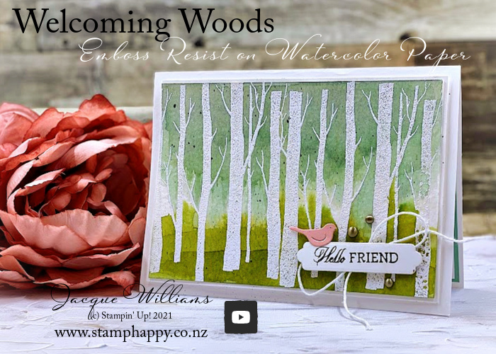 Stampin up welcoming woods watercolor emboss resist bamboo tree trunks rooted in nature masculine technique card