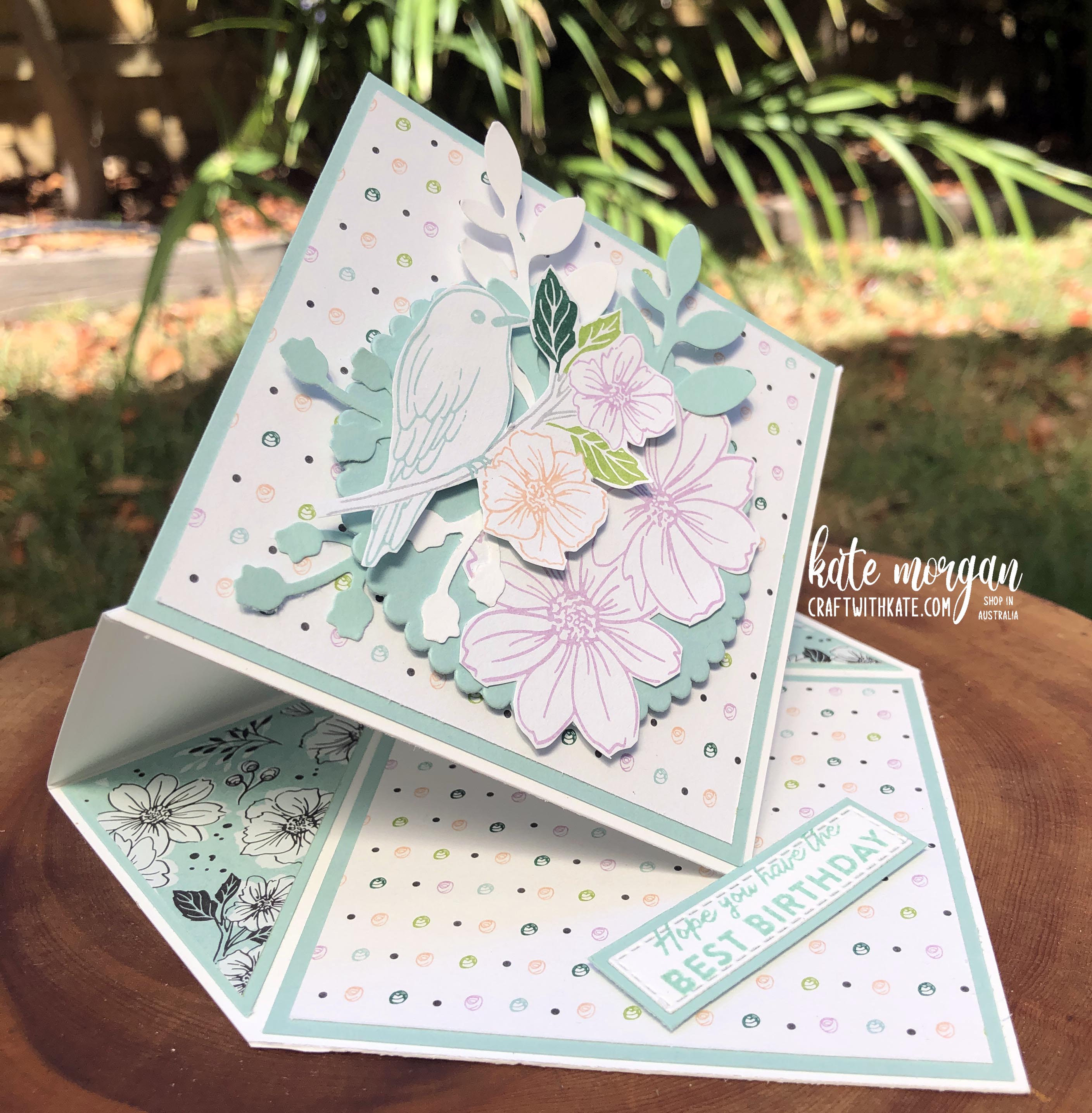 Friendly hello sab diamond easel fold card by kate morgan stampin up australia 2022 side