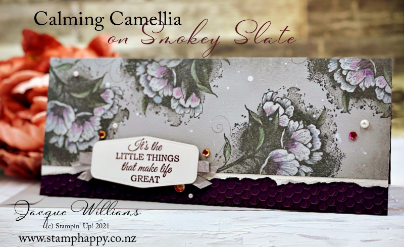 Stampin up calming camellia slimline card whisper white ink 5 ways to use your white ink vintage hive folder ink splatter how to