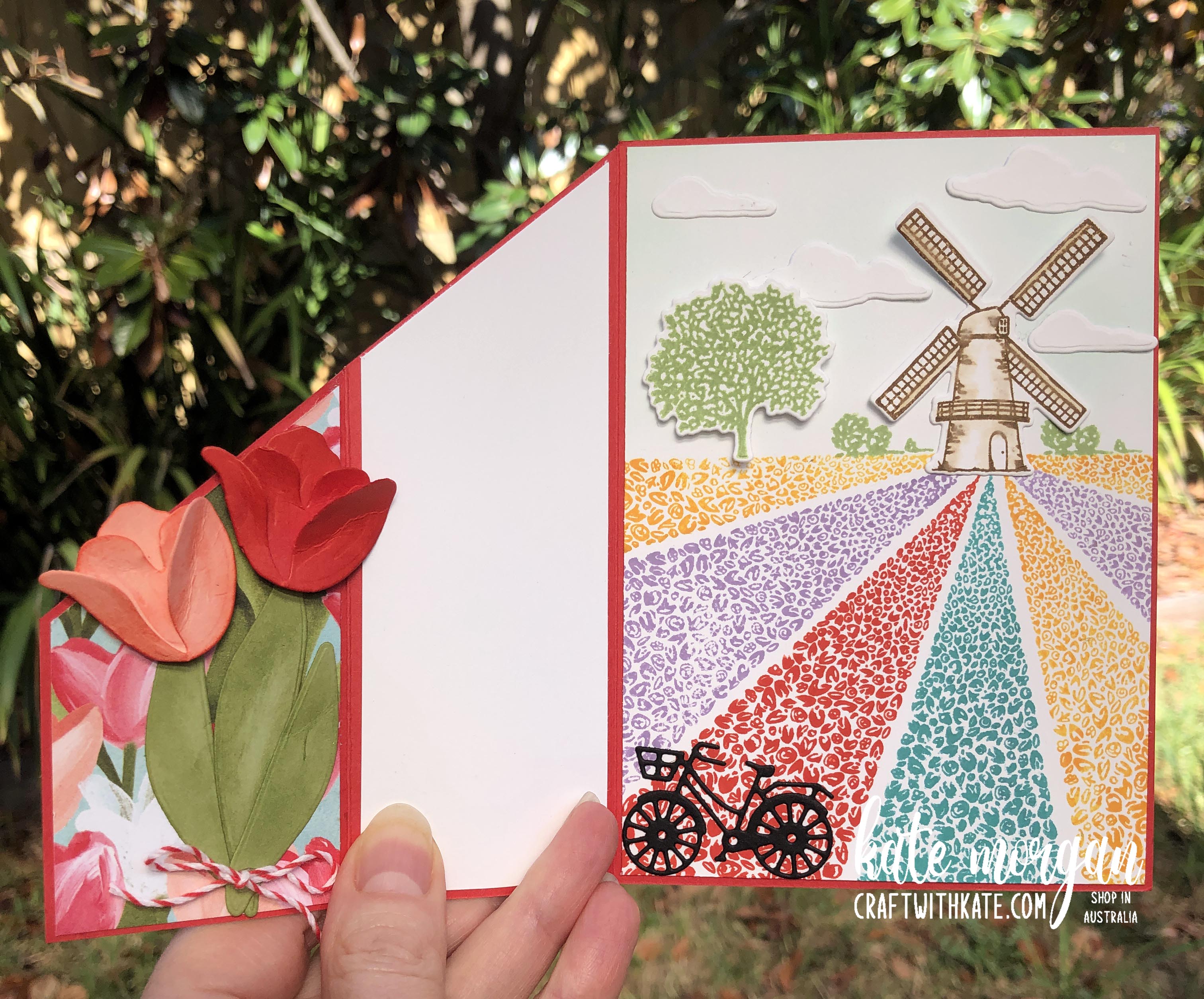 Flowering tulip fields fancy fold card by kate morgan  stampin up australia 2022 open