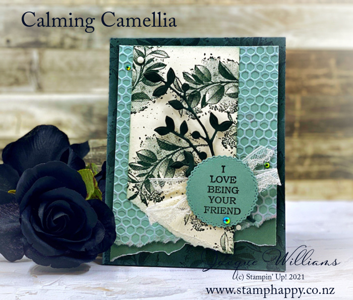 Stampin up calming camellia white ink on embossing folder technique stamp happy new zealand hive folder soft succulent
