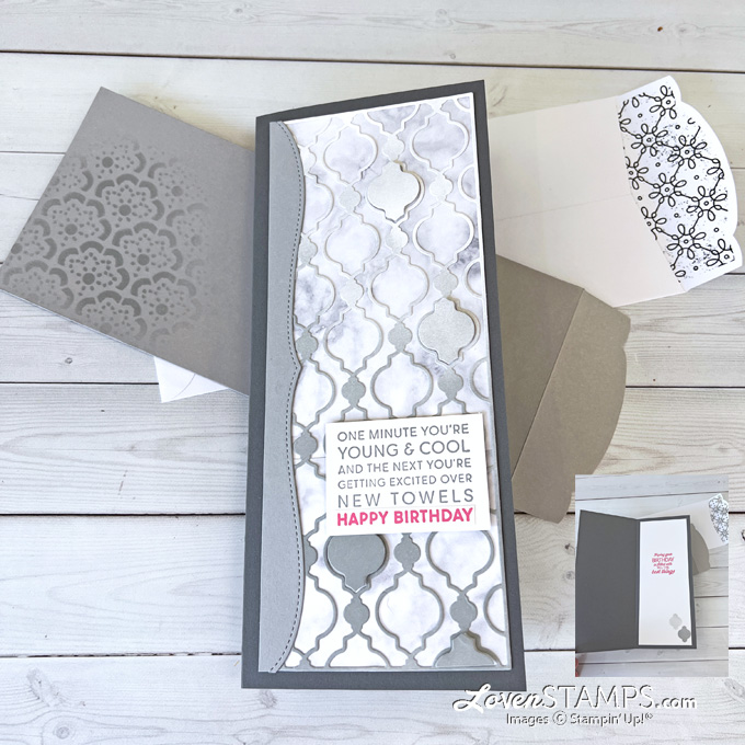 Slim sayings slimline envelope card dies stampin up sunny sentiments birthday bragworthy greeting gray simply marbleous dsp sab inset