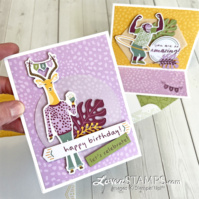 Paper pumpkin safari celebration february 2022 stampin up orange box kit mail alternate card pop up easel tutorial