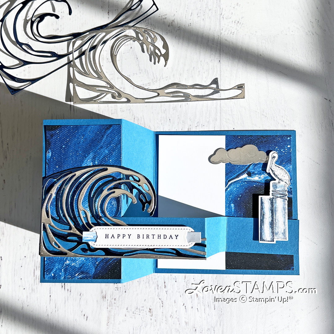 Waves ocean inspiration pelican pylon double z fold card stampin up video tutorial part open sq