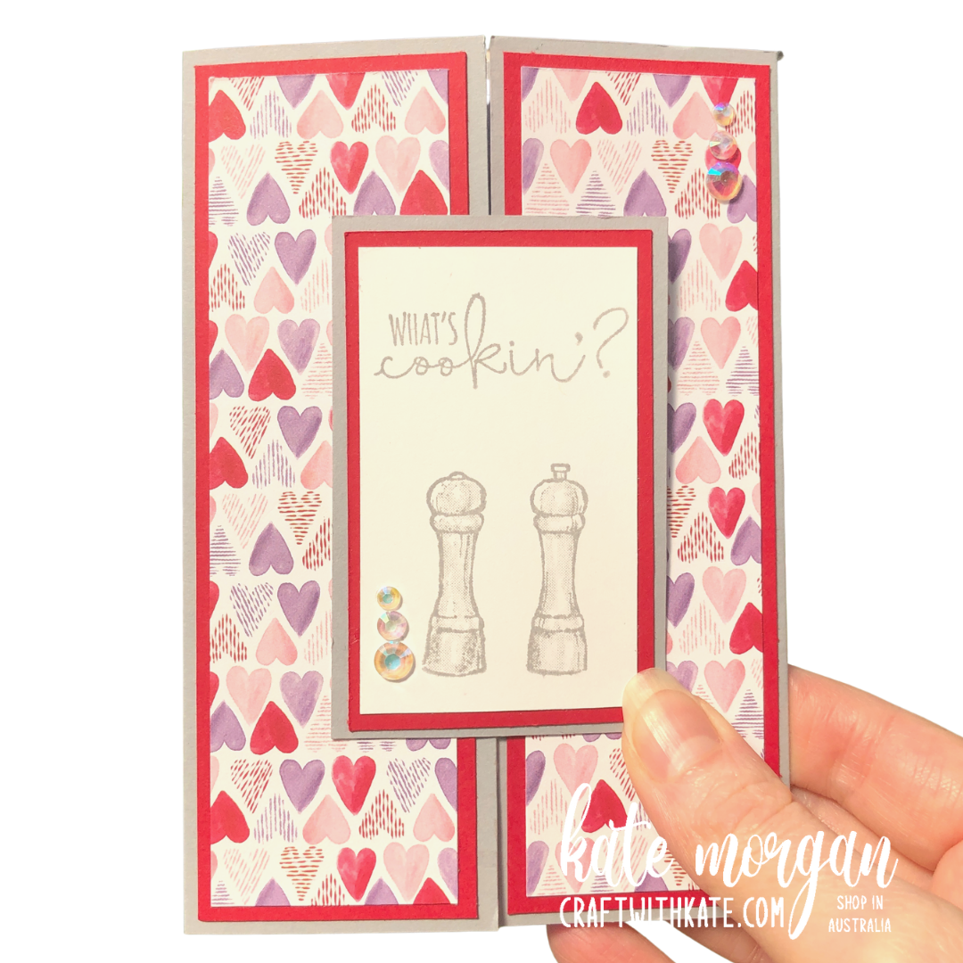 Double pop up gatefold card using stampin up what s cookin by kate morgan  australia 2022