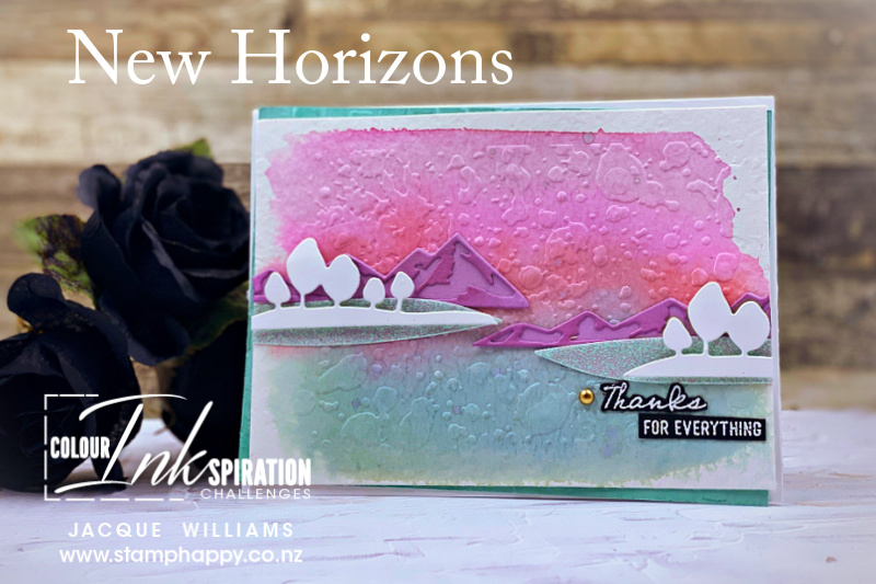 Stampin up new horizons colour inkspiration watercolored background splatter embossing folder partial embossing jacque williams video tutorial