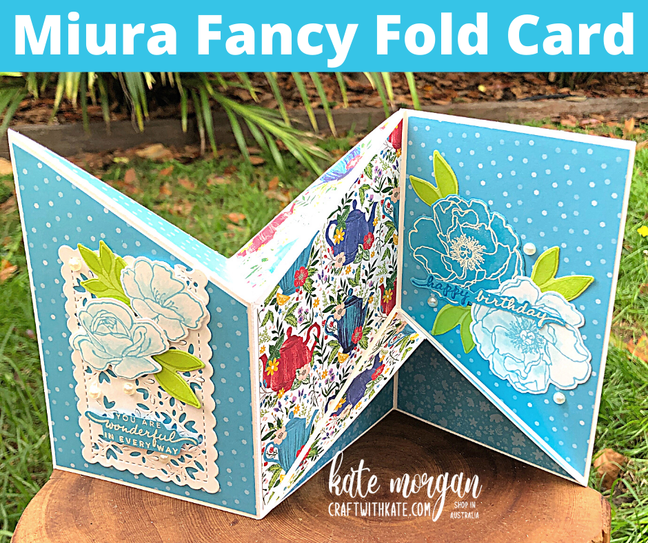Miura fancy fold card using stampin up in color tahitian tide for colour creations blog hop by kate morgan australia 2022
