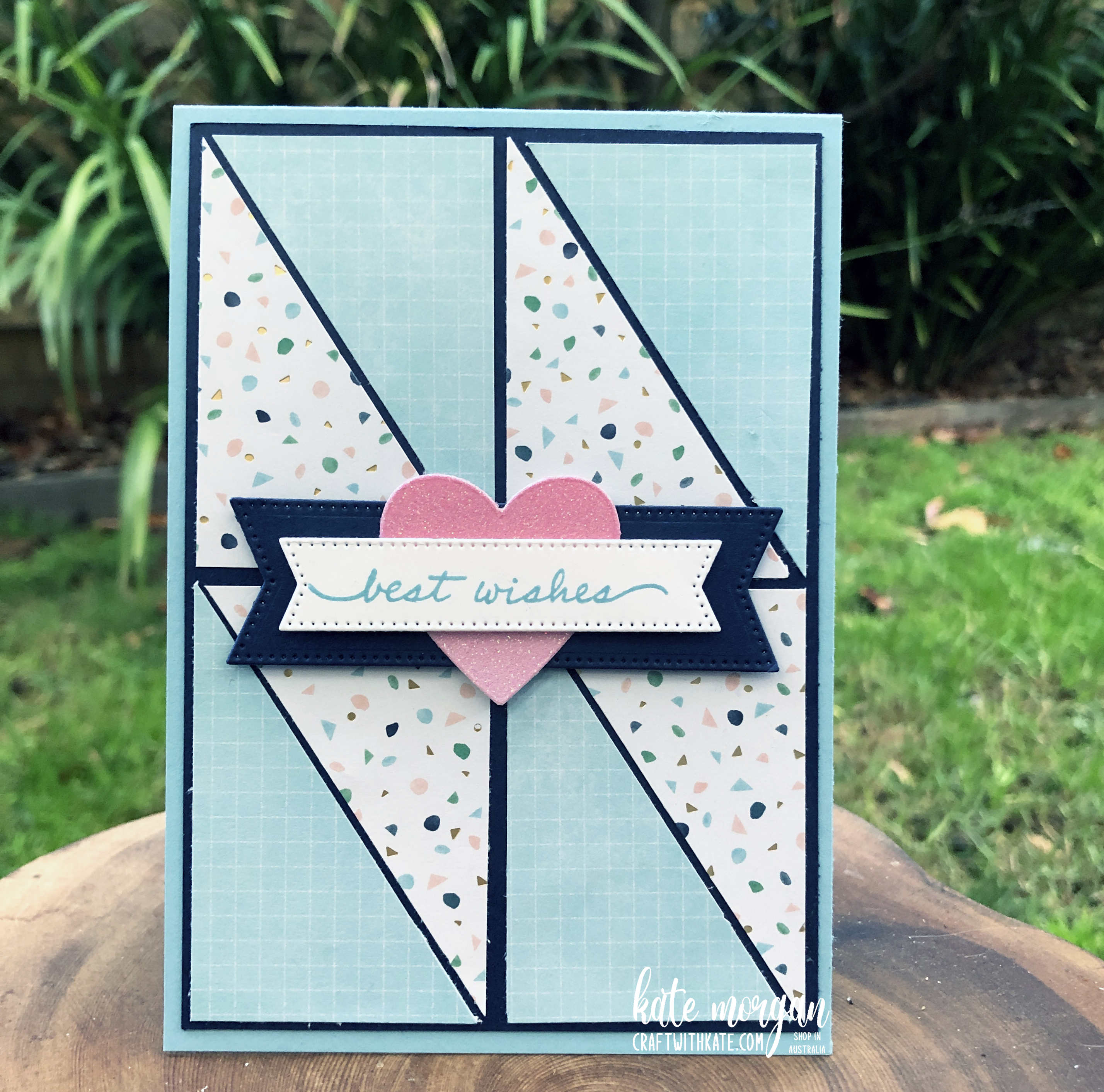 Triangle patchwork card using stampin up abstract beauty dsp   balmy blue for colour creations blog hop by kate morgan australia 2022 sq