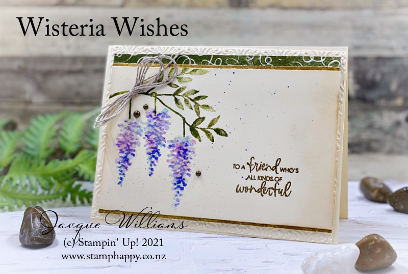 Stampin up wisteria wishes baby wipe technique stepped up gold embossing distressed gold rustic harvest