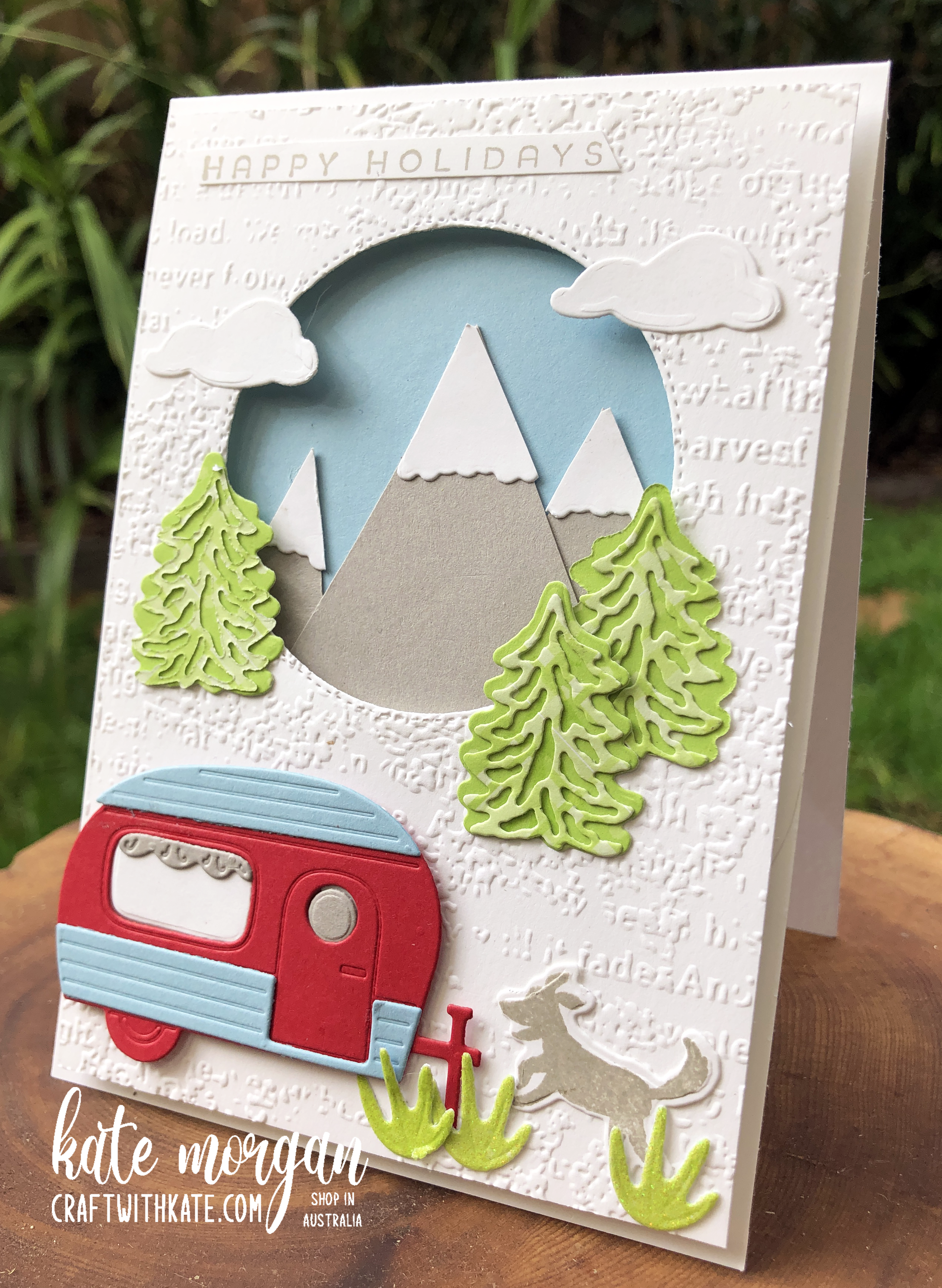 Happy holidays card using stampin up sab tree lot dies by kate morgan  australia heart of christmas 2022