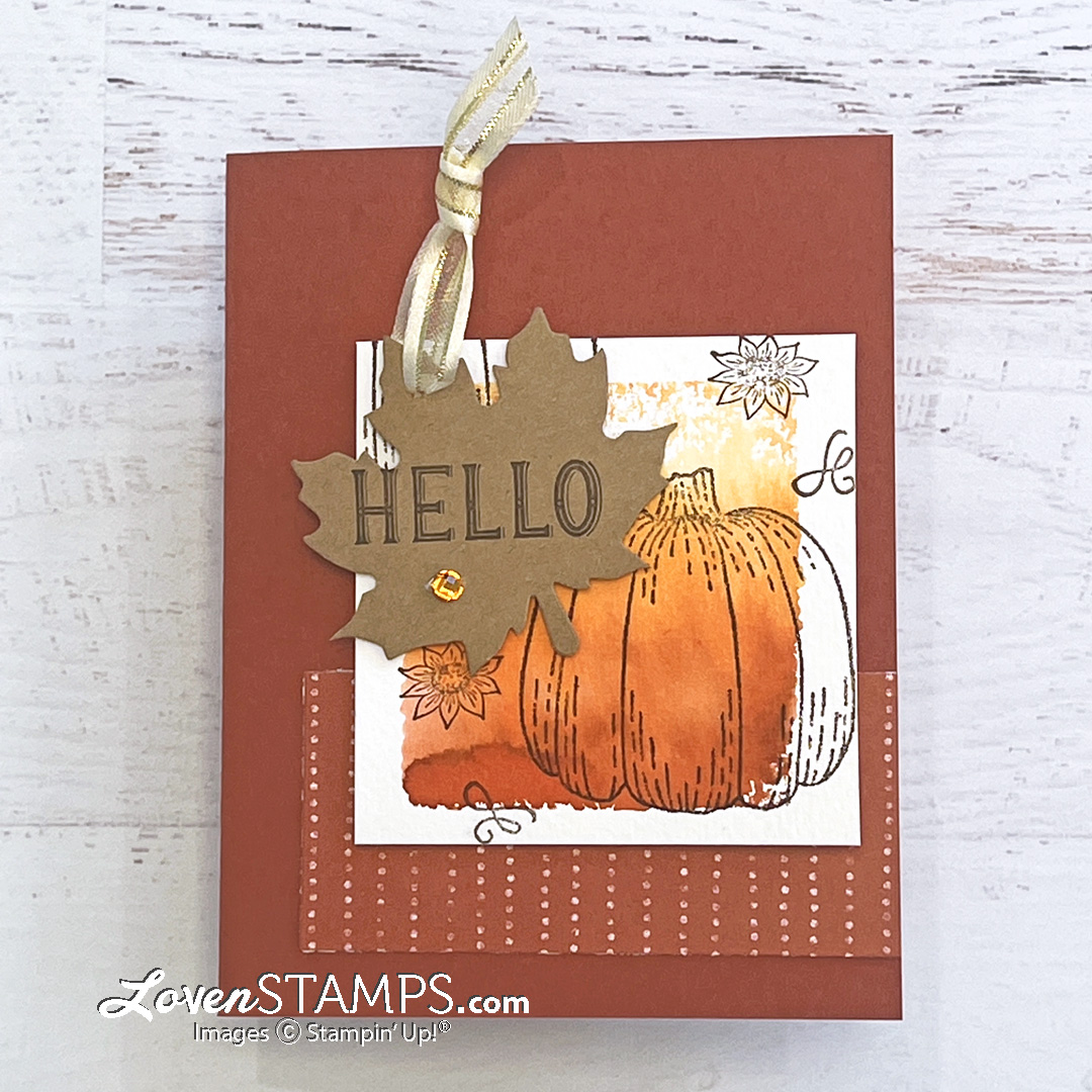 Hello harvest rustic suite pumpking stampin up july december 2022 mini catalog leaf label amber gem watercolor block printing technique
