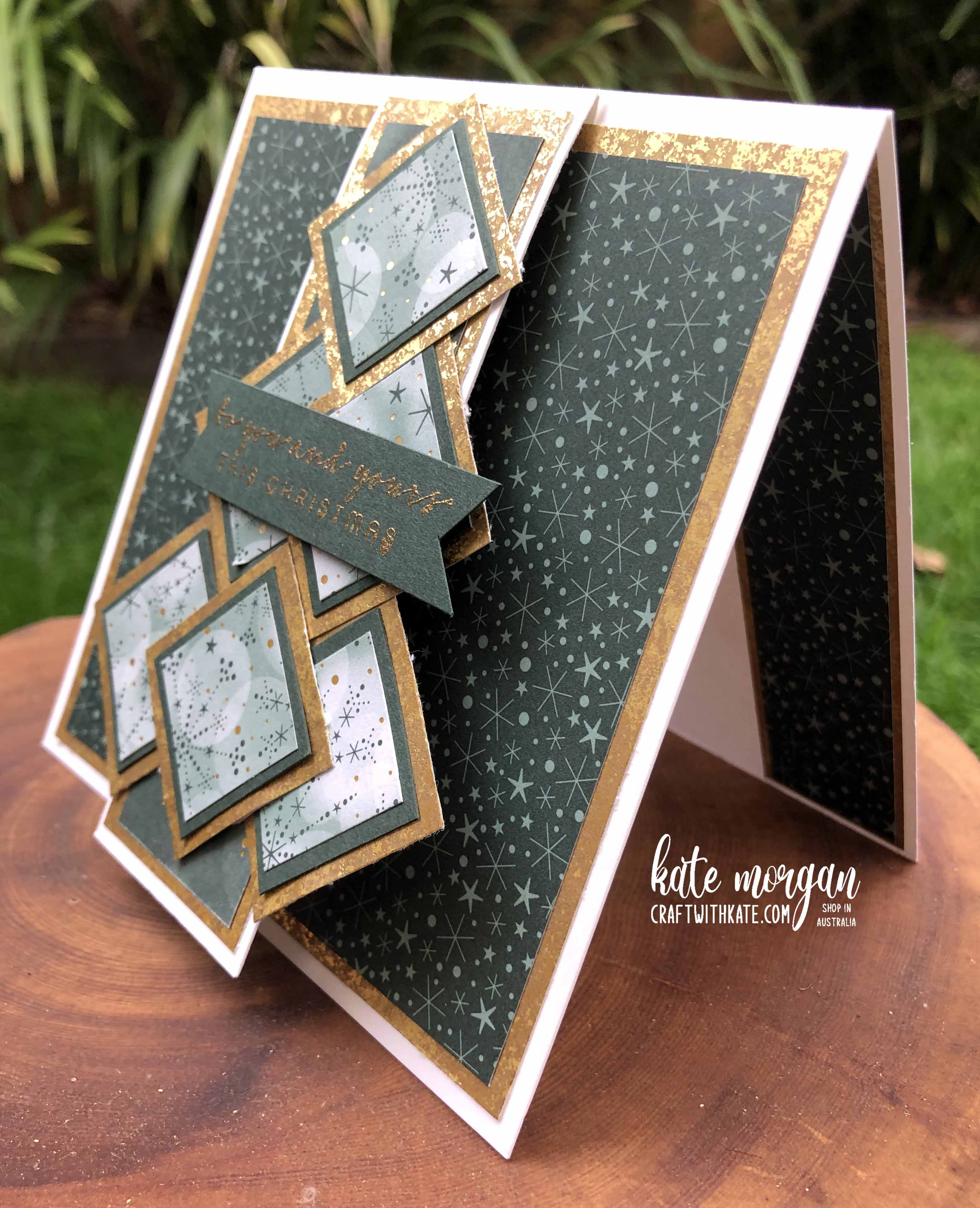 Diamond christmas tree card using stampin up lights aglow sdsp by kate morgan  australia 2022 side