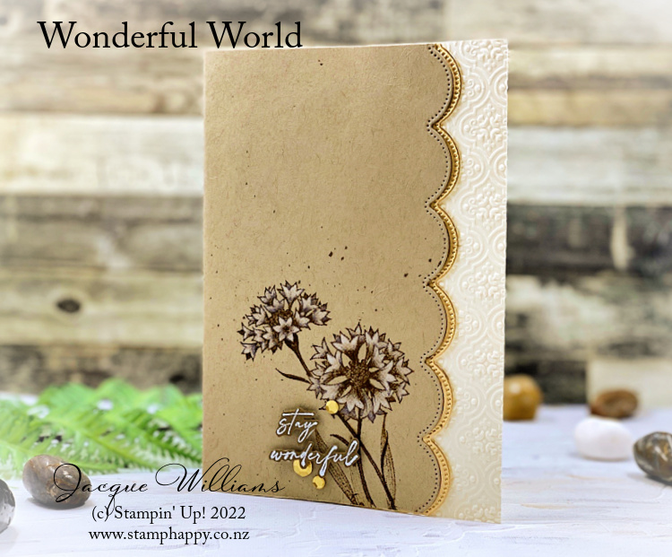 Stampin up wonderful world crumb cake using white ink gold foil video jacque williams