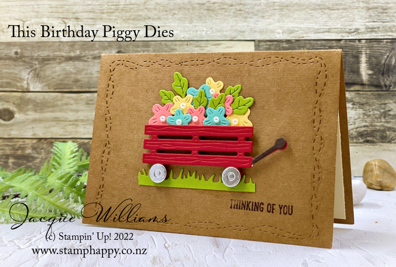 Stampin up this birthday piggy bundle die cut red wagon card kraft notecards and envelopes stitched with whimsy
