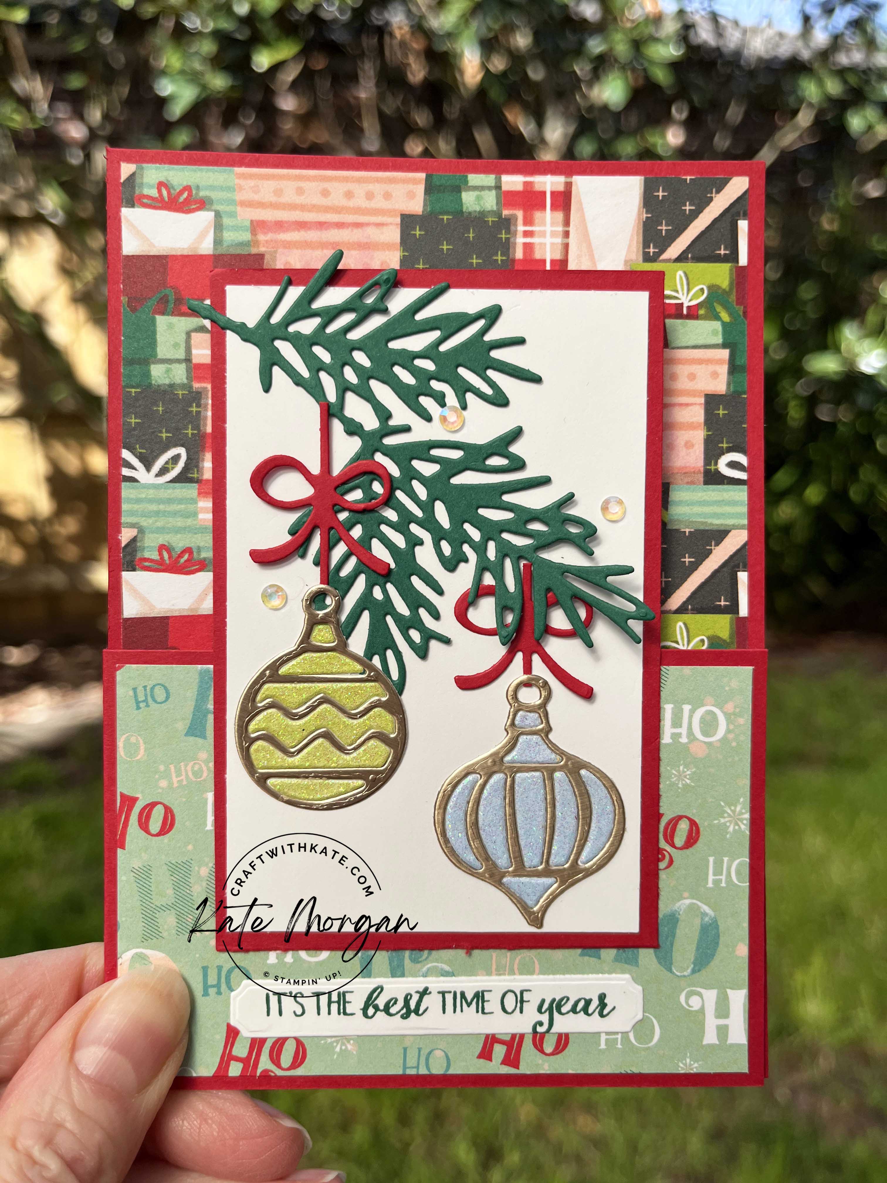 Decorated pines fun fold card by kate morgan  stampin up australia 2022.