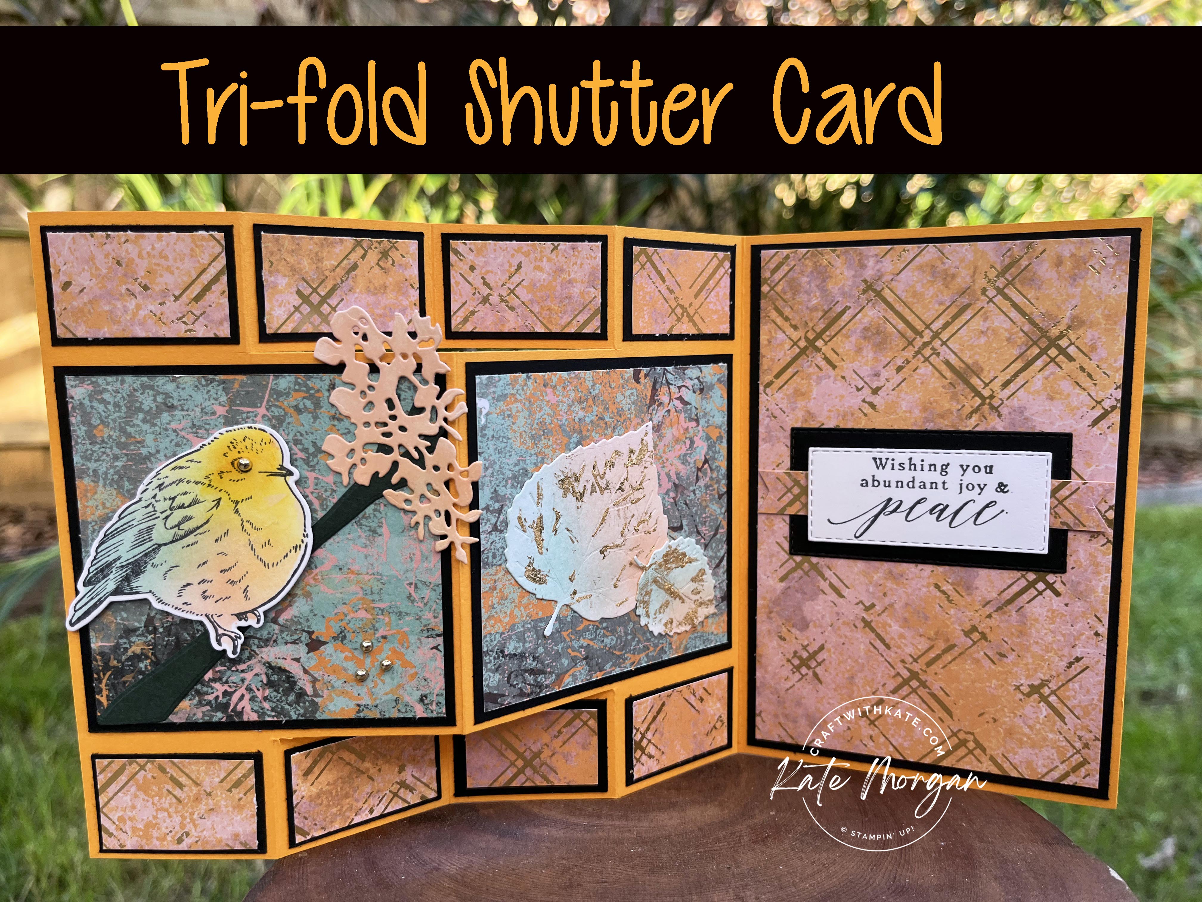 Trifold shutter card using stampin up texture chic   perched in a tree bundle by kate morgan  australia 2022 full