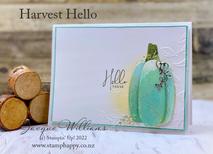 Stampin up rustic harvest hello cinderella pumpkin watercolored silver foil falling leaves folder jacque williams stamphappy new zealand cardmaking class