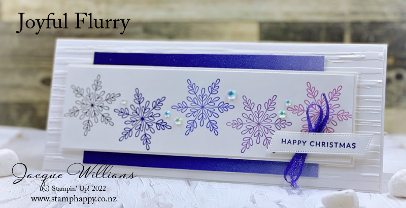 Stampin up joyful flurry snowflake slimline ombre easy card template idea video tutorial jacque williams in color glitter paper orchid oasis