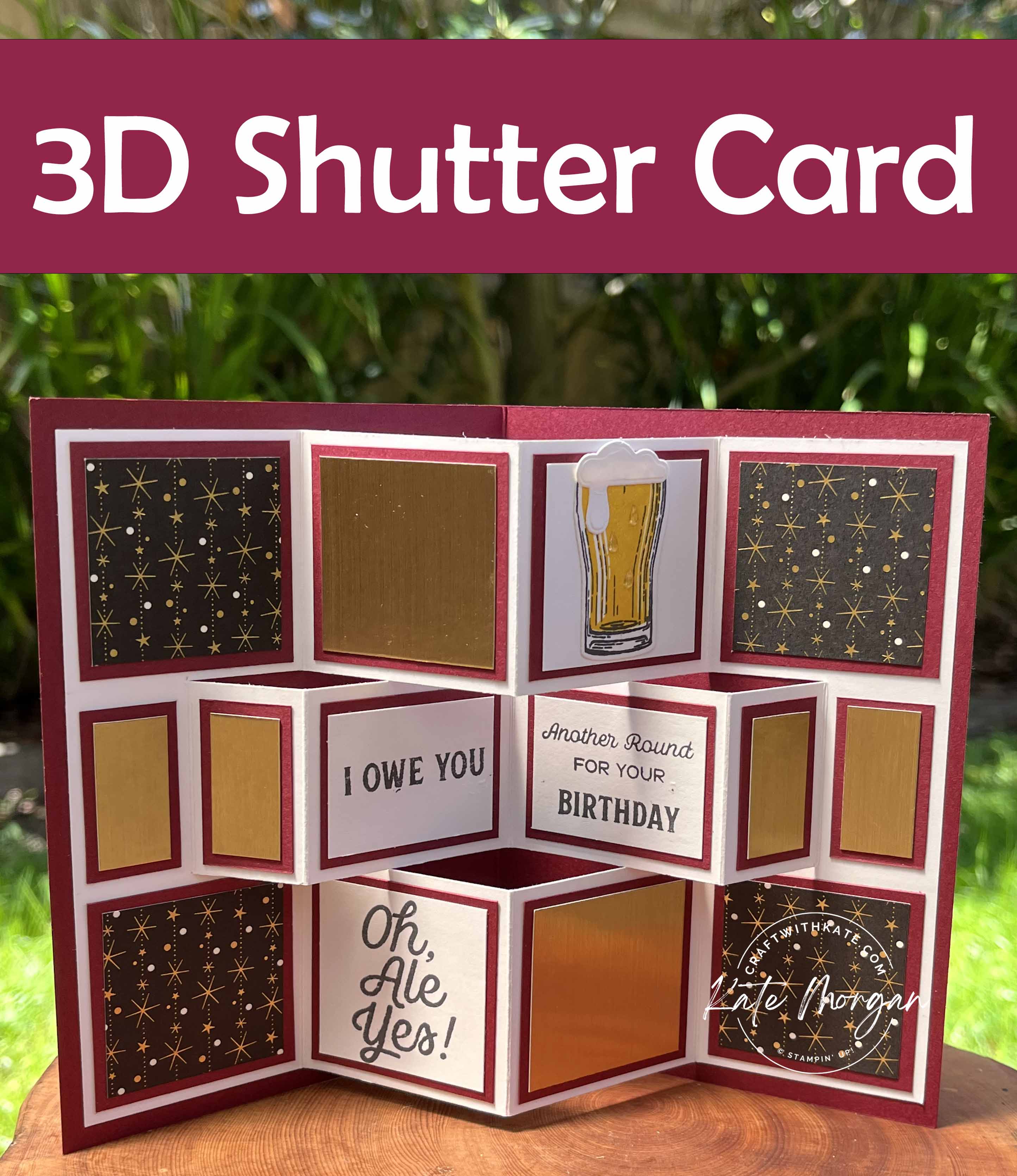 Masculine 3d shutter card brewed for you by kate morgan  stampin up australia 2022