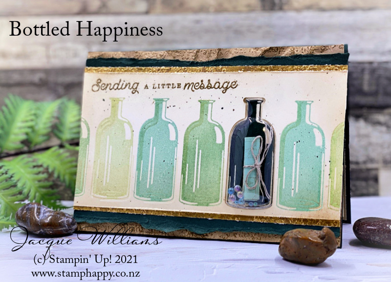 Stampin up bottled happiness masculine shaker card message in a bottle pirate faux patina jacque williams extravaganza