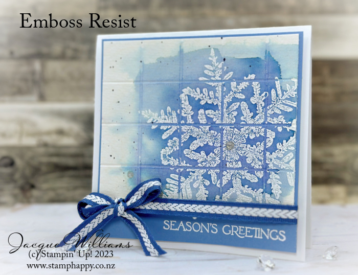 Stampin up snow crystal emboss resist faux tile watercoloring watercolor paper boho bllue